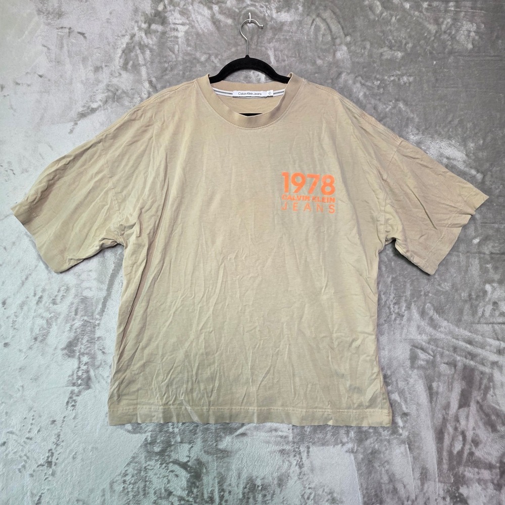 Calvin Klein Jeans Mens Tan Orange 1978 Logo Graphic T-Shirt Large Boxy Fit